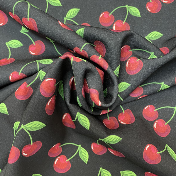 Deadstock Cherry Print Black Scuba Style Fabric