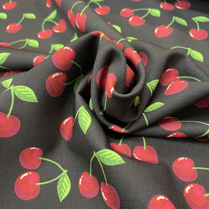 Deadstock Cherry Print Black Scuba Style Fabric
