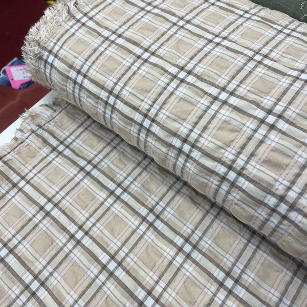 Deadstock Cappuccino Beige & Pink Check Soft Shirting Fabric
