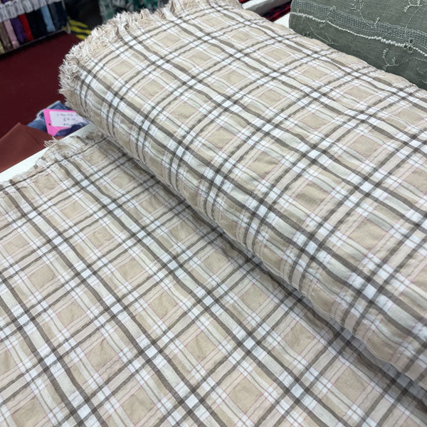 Deadstock Cappuccino Beige & Pink Check Soft Shirting Fabric