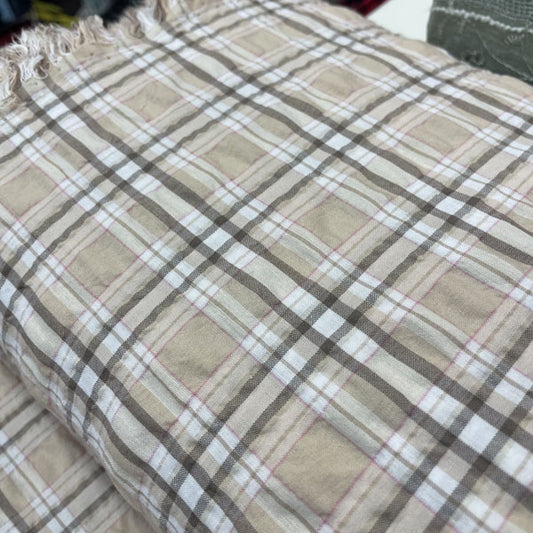 Deadstock Cappuccino Beige & Pink Check Soft Shirting Fabric