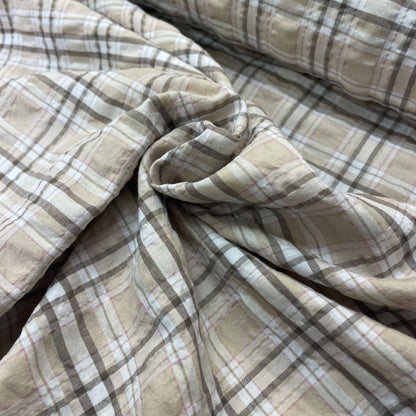 Deadstock Cappuccino Beige & Pink Check Soft Shirting Fabric