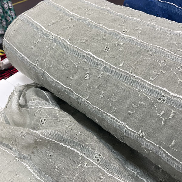 Deadstock Sage Green Embroidered Floral Sheer Mesh Fabric