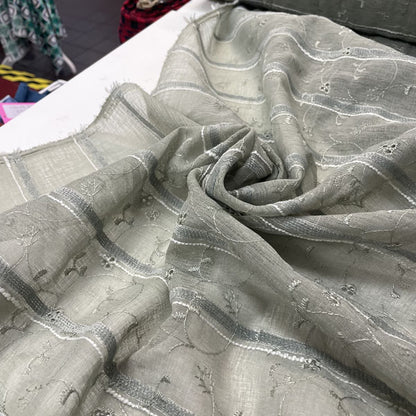 Deadstock Sage Green Embroidered Floral Sheer Mesh Fabric