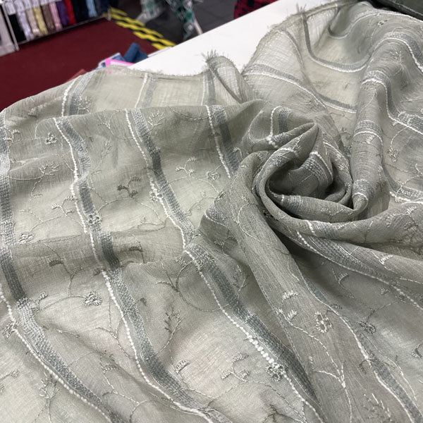 Deadstock Sage Green Embroidered Floral Sheer Mesh Fabric
