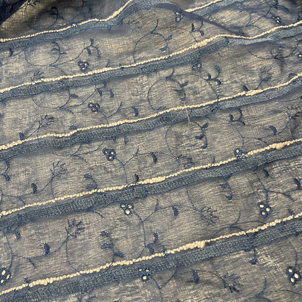 Deadstock Navy Blue Embroidered Floral Sheer Mesh Fabric