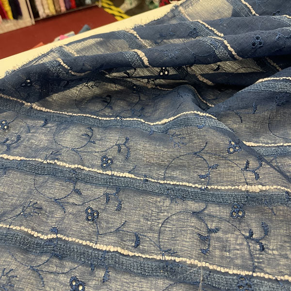 Deadstock Navy Blue Embroidered Floral Sheer Mesh Fabric