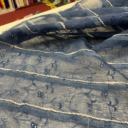 Deadstock Navy Blue Embroidered Floral Sheer Mesh Fabric