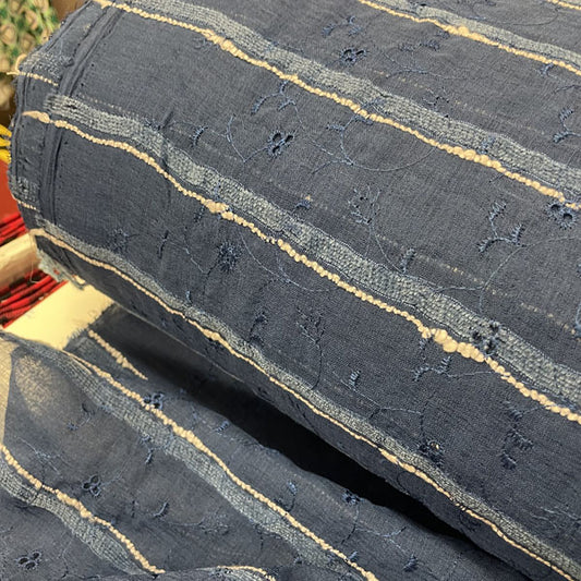 Deadstock Navy Blue Embroidered Floral Sheer Mesh Fabric