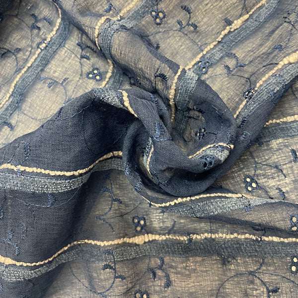 Deadstock Navy Blue Embroidered Floral Sheer Mesh Fabric