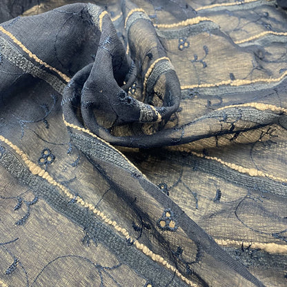 Deadstock Navy Blue Embroidered Floral Sheer Mesh Fabric