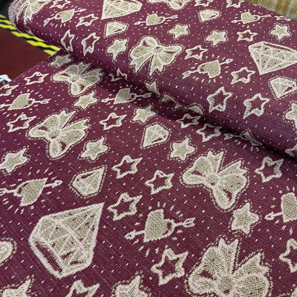 Deadstock Burgundy & Sparkle Gold Doodle Knit Jersey Fabric