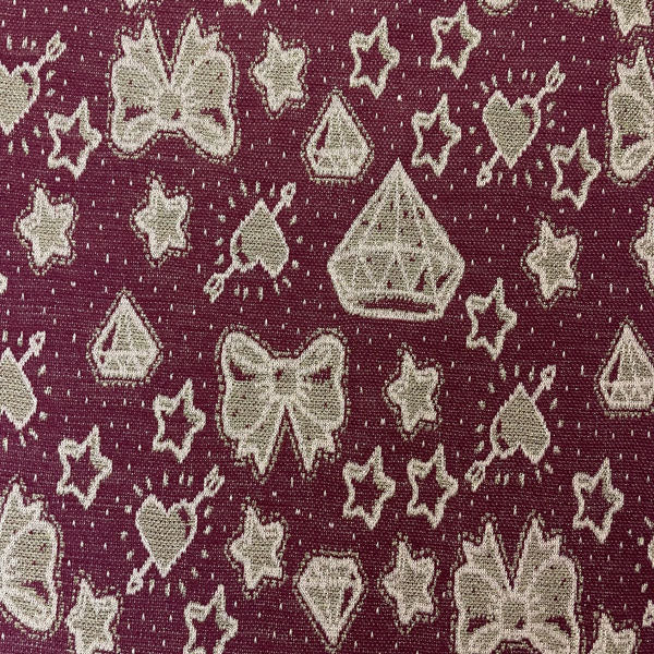 Deadstock Burgundy & Sparkle Gold Doodle Knit Jersey Fabric