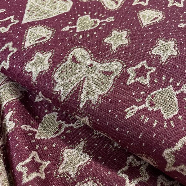 Deadstock Burgundy & Sparkle Gold Doodle Knit Jersey Fabric