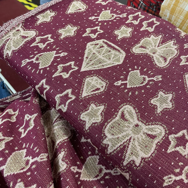 Deadstock Burgundy & Sparkle Gold Doodle Knit Jersey Fabric
