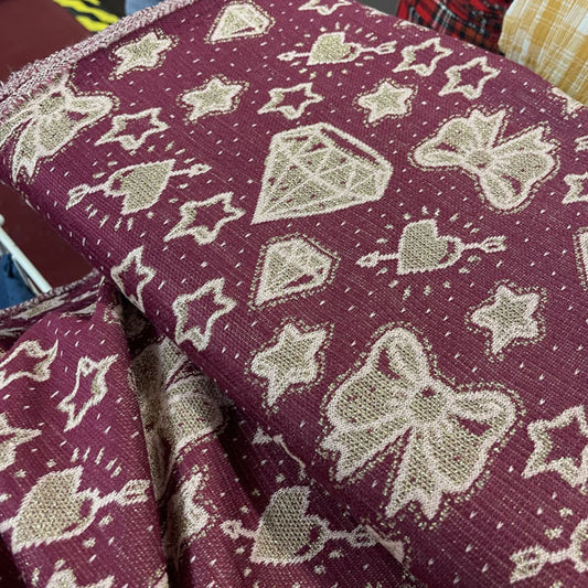 Deadstock Burgundy & Sparkle Gold Doodle Knit Jersey Fabric