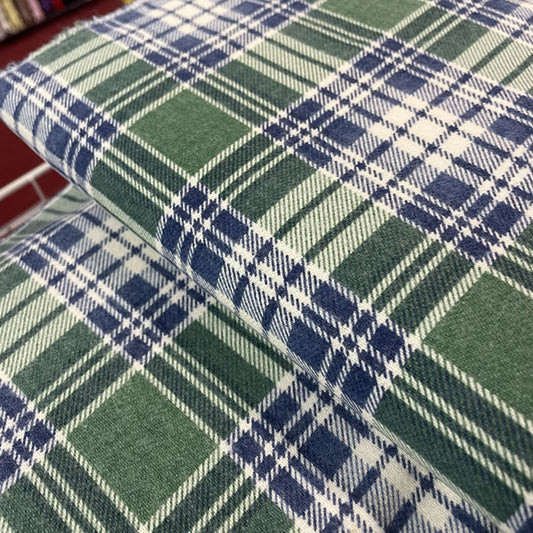 Deadstock Green, Blue & White Brushed Cotton Check Fabric