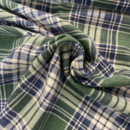Deadstock Green, Blue & White Brushed Cotton Check Fabric