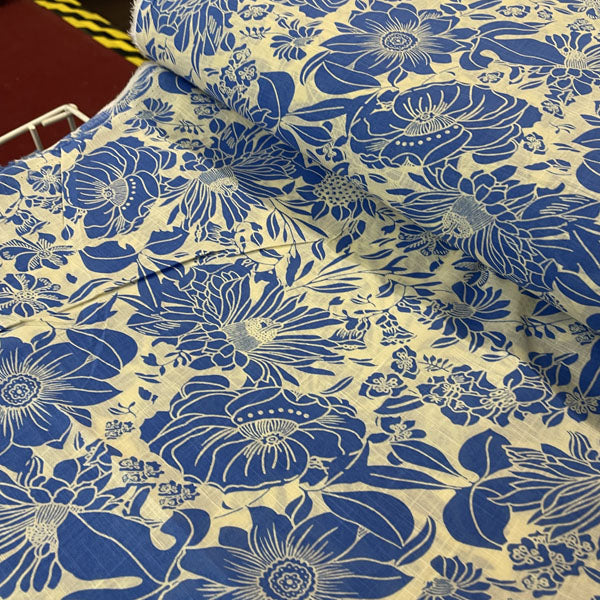 Deadstock Blue & Off-White Floral Cotton Slub Blend Fabric