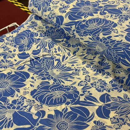 Deadstock Blue & Off-White Floral Cotton Slub Blend Fabric