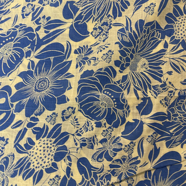 Deadstock Blue & Off-White Floral Cotton Slub Blend Fabric