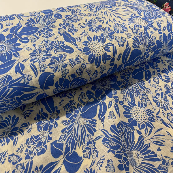 Deadstock Blue & Off-White Floral Cotton Slub Blend Fabric