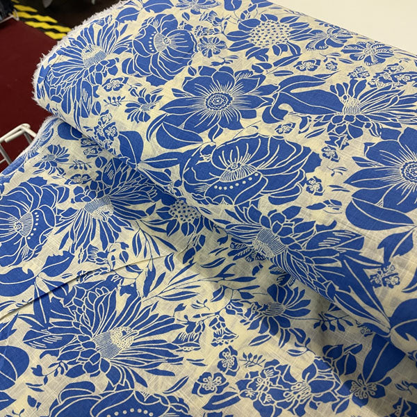 Deadstock Blue & Off-White Floral Cotton Slub Blend Fabric