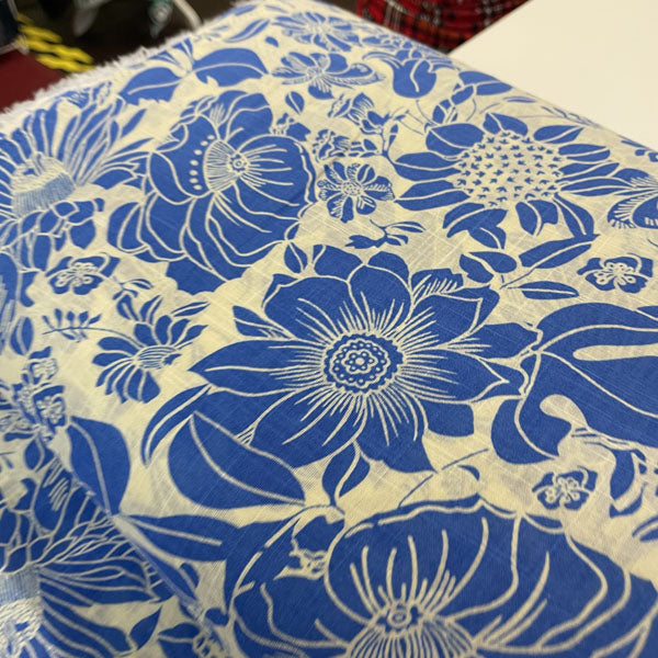 Deadstock Blue & Off-White Floral Cotton Slub Blend Fabric