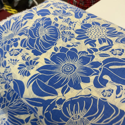 Deadstock Blue & Off-White Floral Cotton Slub Blend Fabric