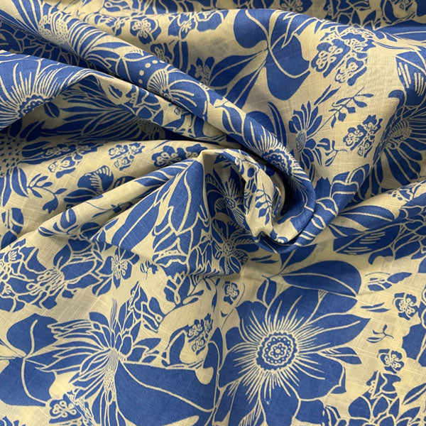 Deadstock Blue & Off-White Floral Cotton Slub Blend Fabric