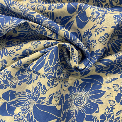 Deadstock Blue & Off-White Floral Cotton Slub Blend Fabric