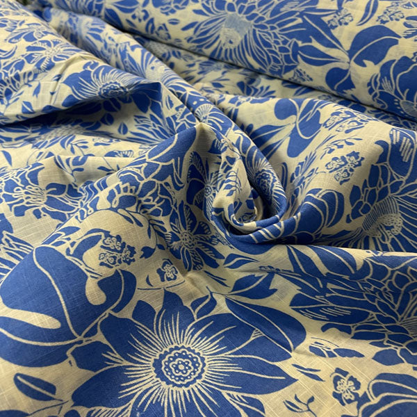 Deadstock Blue & Off-White Floral Cotton Slub Blend Fabric