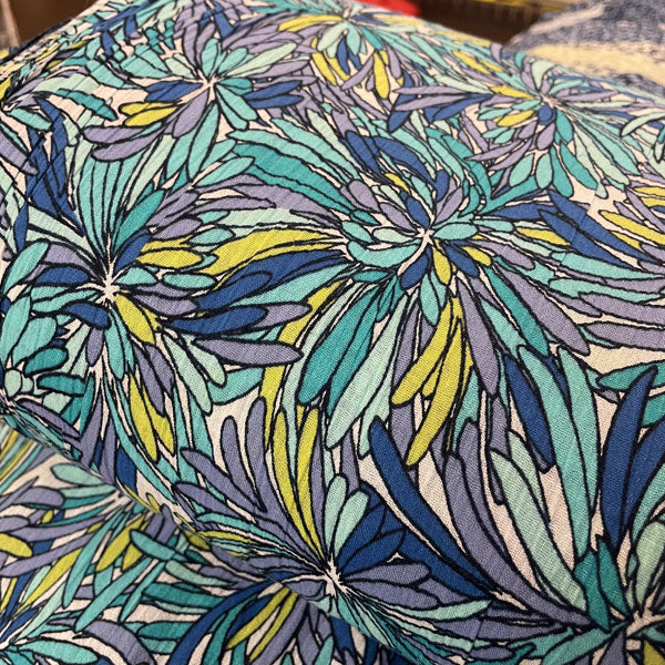 Deadstock Blue & Green Flower Print Crinkle Crepe Cotton