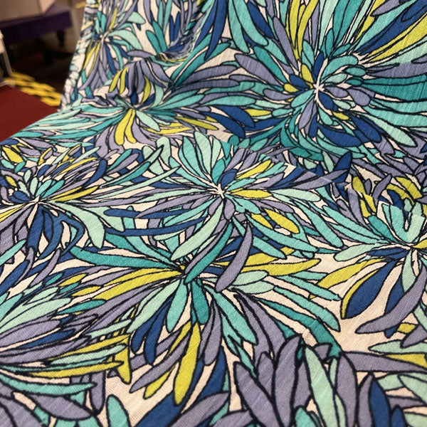 Deadstock Blue & Green Flower Print Crinkle Crepe Cotton