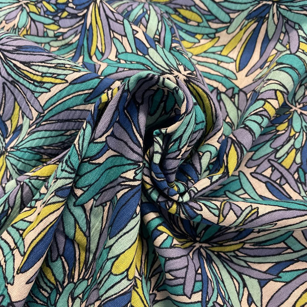 Deadstock Blue & Green Flower Print Crinkle Crepe Cotton