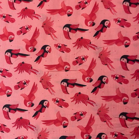 Deadstock Pink Parrot & Tropical Bird Print Cotton Poplin