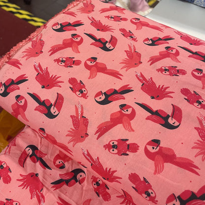 Deadstock Pink Parrot & Tropical Bird Print Cotton Poplin