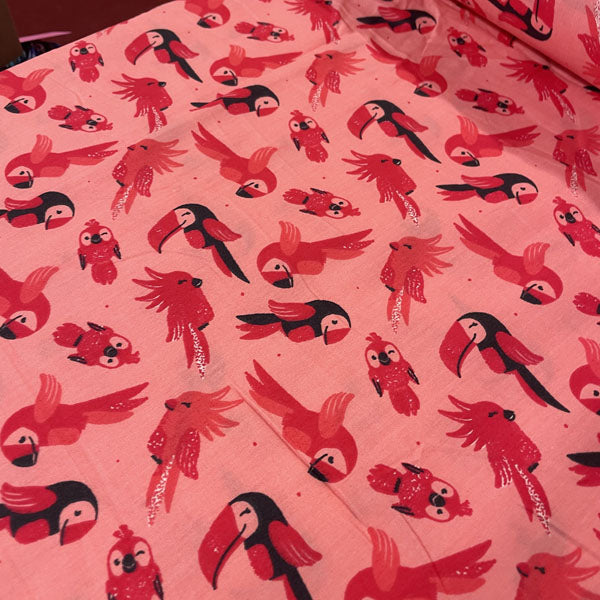 Deadstock Pink Parrot & Tropical Bird Print Cotton Poplin