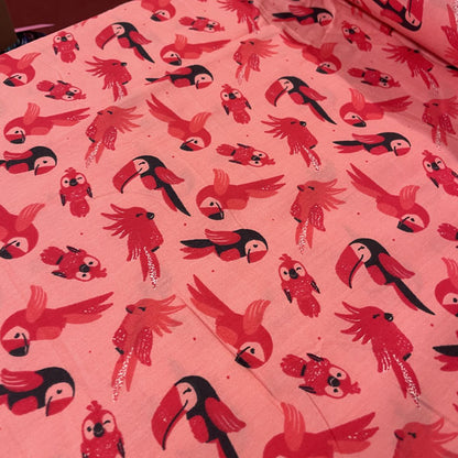 Deadstock Pink Parrot & Tropical Bird Print Cotton Poplin