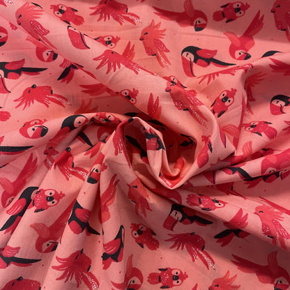 Deadstock Pink Parrot & Tropical Bird Print Cotton Poplin