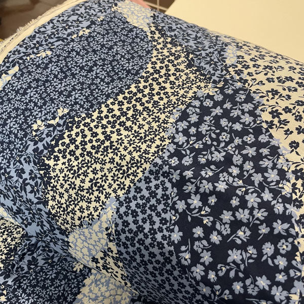 Deadstock Blue Floral Printed Patchwork Effect Cotton Viscose Blend