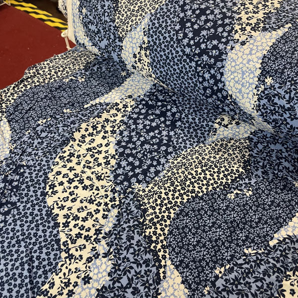Deadstock Blue Floral Printed Patchwork Effect Cotton Viscose Blend