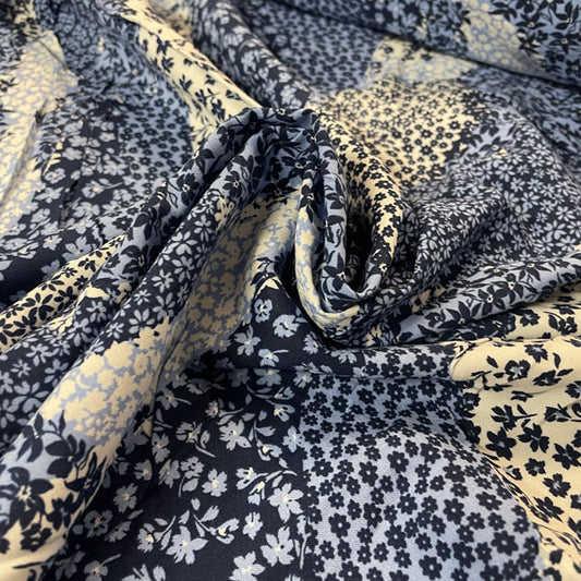 Deadstock Blue Floral Printed Patchwork Effect Cotton Viscose Blend