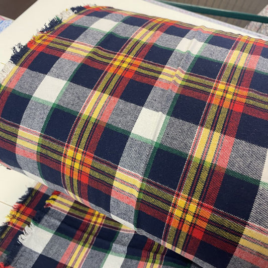 Deadstock Yarn Dyed Blue, White, Red, Yellow & Green Tartan Check Brushed Cotton Flannel