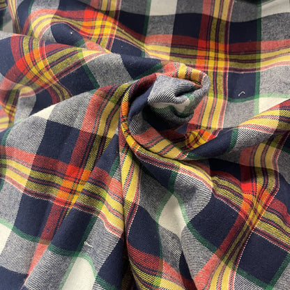 Deadstock Yarn Dyed Blue, White, Red, Yellow & Green Tartan Check Brushed Cotton Flannel