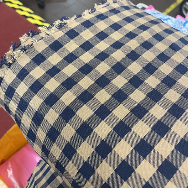 Deadstock Tan & Navy Gingham Check Viscose Twill Blend