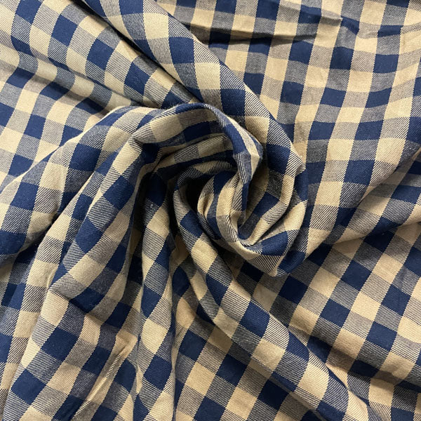 Deadstock Tan & Navy Gingham Check Viscose Twill Blend