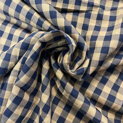 Deadstock Tan & Navy Gingham Check Viscose Twill Blend
