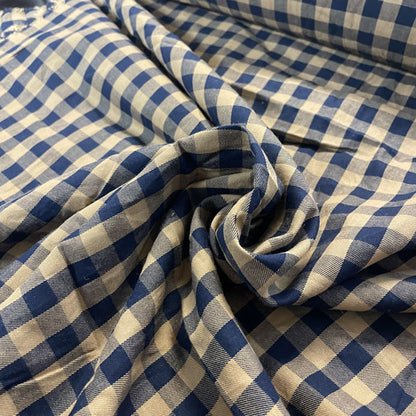 Deadstock Tan & Navy Gingham Check Viscose Twill Blend