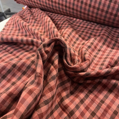 Deadstock Pink, Red & Brown Check Viscose Twill Blend